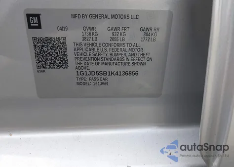 2019 Chevrolet Sonic Lt Auto from USA, damaged, VIN 1G1JD5SB1K4136856